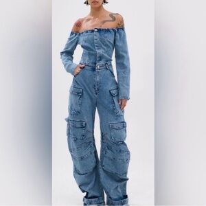 AKIRA Blue Denim Off-Shoulder Utility Style Jumpsuit